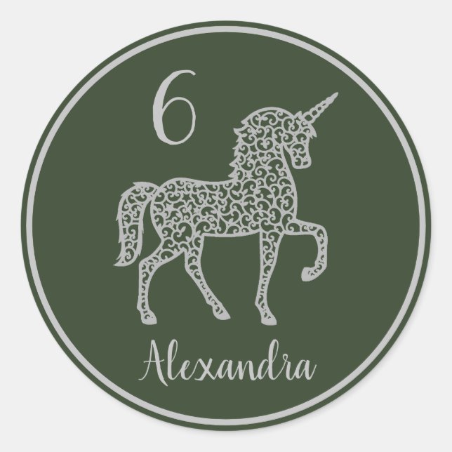Silver Unicorn birthday party Own name Classic Round Sticker (Front)