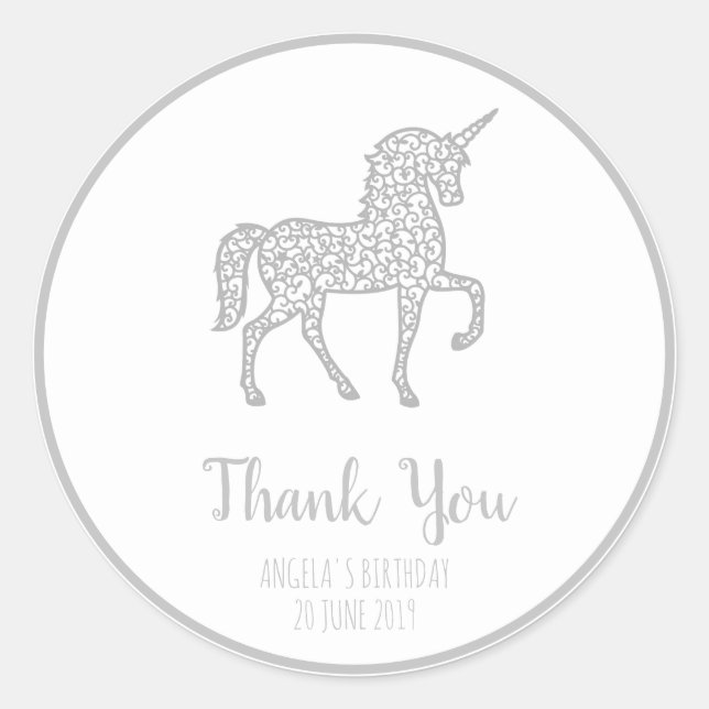 Silver Unicorn birthday party Thank You Own text Classic Round Sticker (Front)