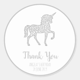 Silver Unicorn birthday party Thank You Own text Classic Round Sticker