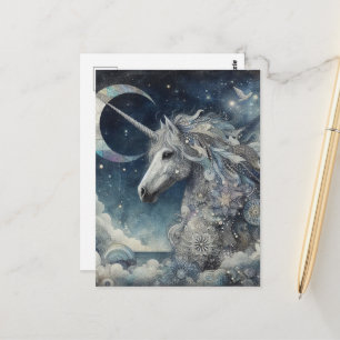Silver Unicorn Collage With Moon Postcard
