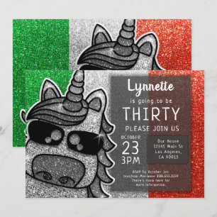 Silver Unicorn Glitter Italy Flag Italian Birthday Invitation