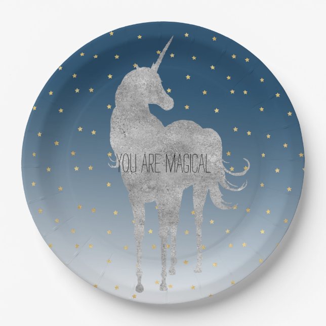Silver Unicorn Gold Stars Paper Plate (Front)
