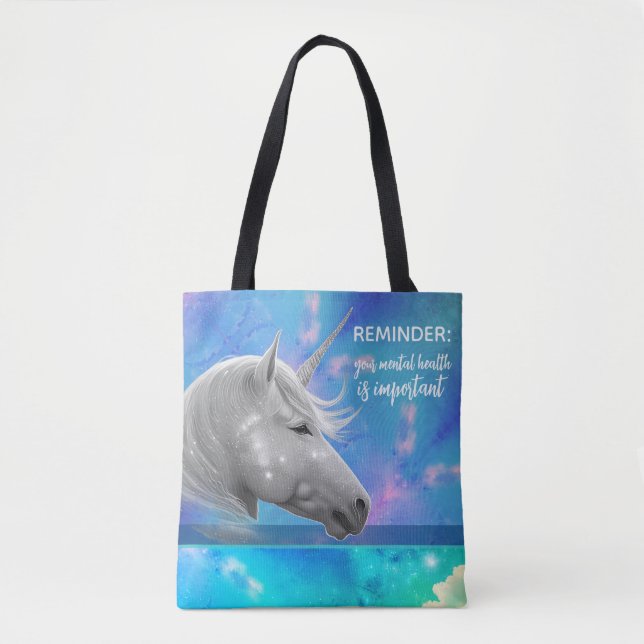 Silver Unicorn Important Mental Health Reminder Tote Bag (Front)