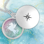 Silver Unicorn on Sparkle Locket Necklace<br><div class="desc">This pretty necklace has a glittery cranberry pink ,  teal and green background. At the centre is a shiny silver rearing unicorn image. Magical! Be sure to see the matching earrings in our store.</div>