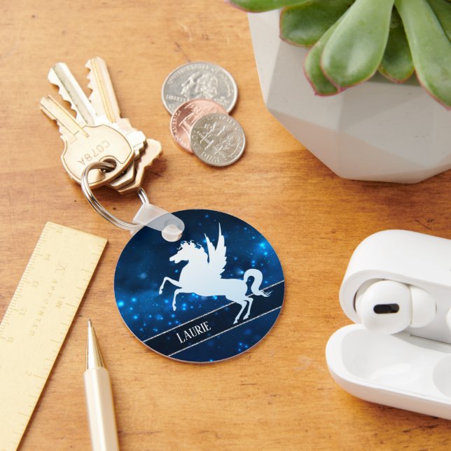 Silver Unicorn on Sparkly Blue Monogram Key Ring (Desk)