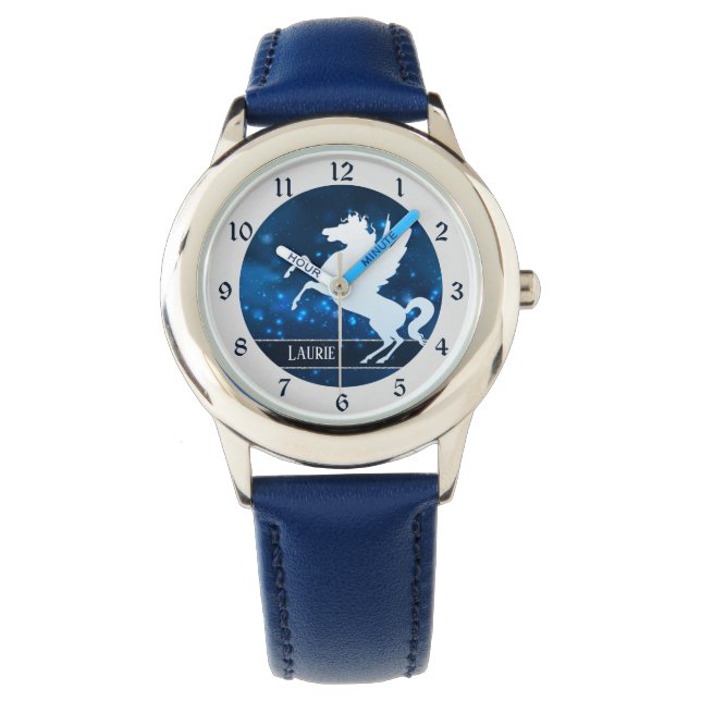 Silver Unicorn on Sparkly Blue Night Sky Watch (Front)