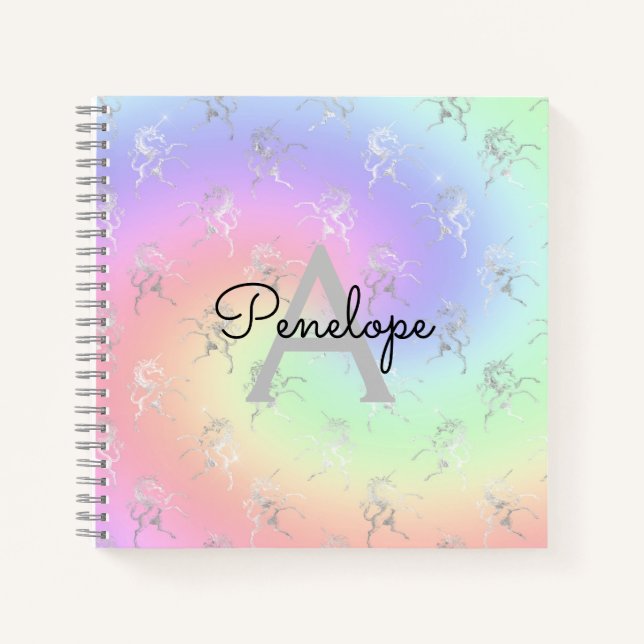 Silver Unicorn Pastel Ombre Monogram Sketchbook Notebook (Front)