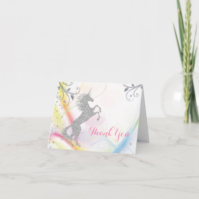 Silver Unicorn Rainbow Thank You Cards (Front)