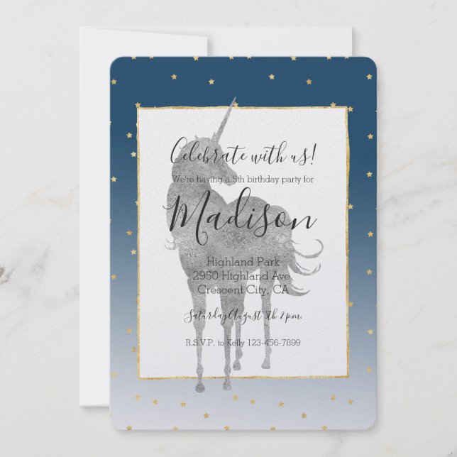 Silver Unicorn Shine Bright Gold Stars Birthday Invitation (Front)