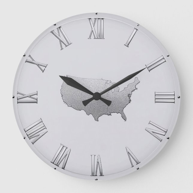 Silver USA Map with Roman Numerals Large Clock (Front)