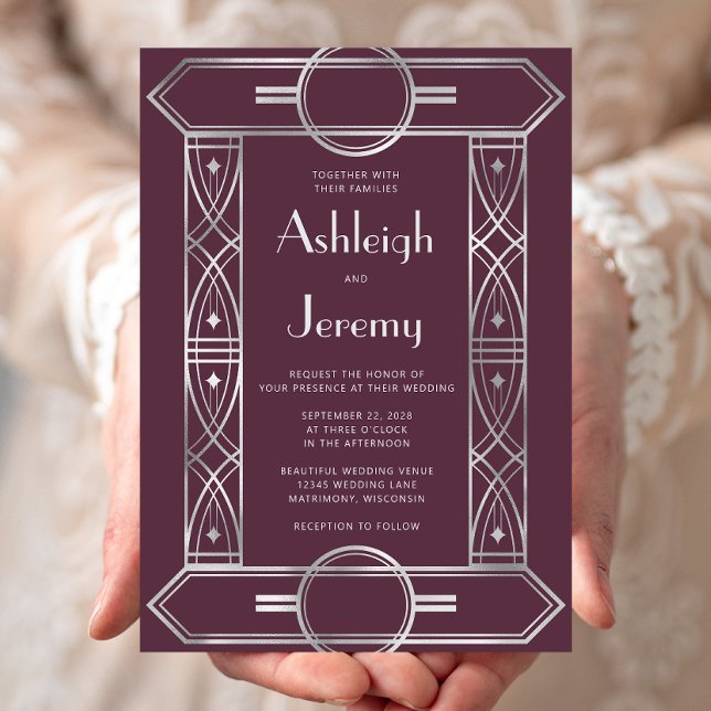 Silver Vintage Deco Frame Burgundy Wedding Invitation (Creator Uploaded)