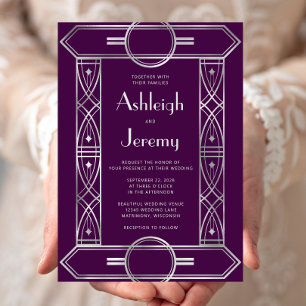Silver Vintage Deco Frame Purple Wedding Invitation