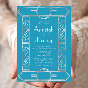 Silver Vintage Deco Frame Turquoise Wedding Invitation