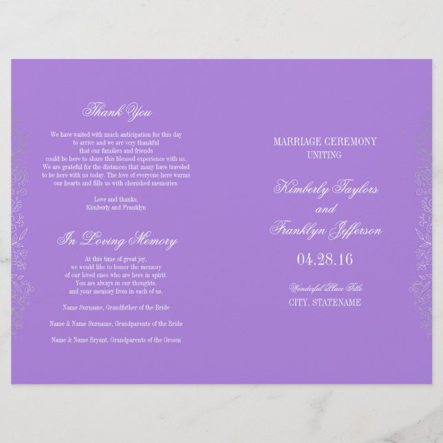Silver Vintage Floral Purple Wedding Programs (Front)