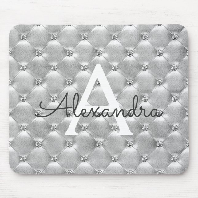 Silver Vintage Pink Monogram Name Mousepad (Front)