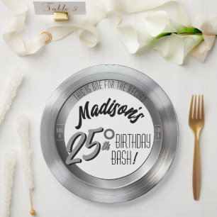 Silver Vinyl Record 25th Birthday Party Decor Paper Plate