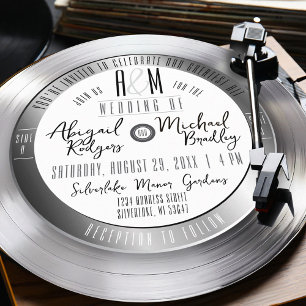 Silver Vinyl Record Monogram Unique Music Wedding Invitation