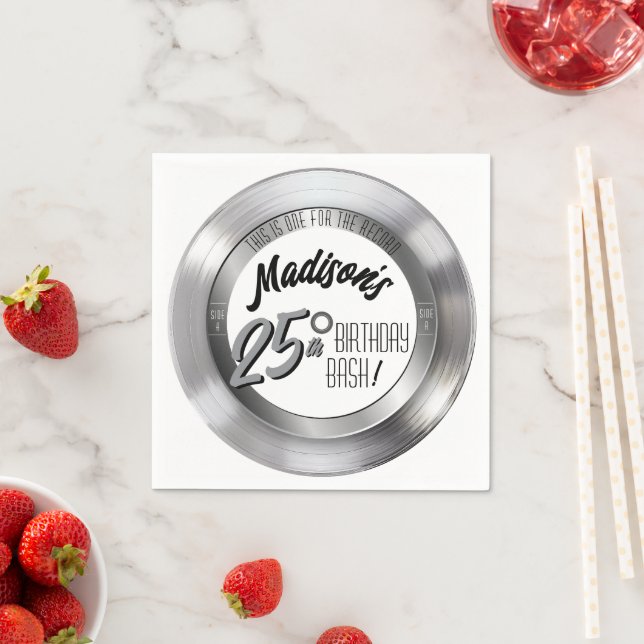 Silver Vinyl Record Retro 25th Birthday Party Napkin (Insitu)