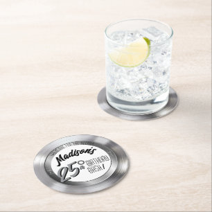 Silver Vinyl Record Retro 25th Birthday Party Round Paper Coaster