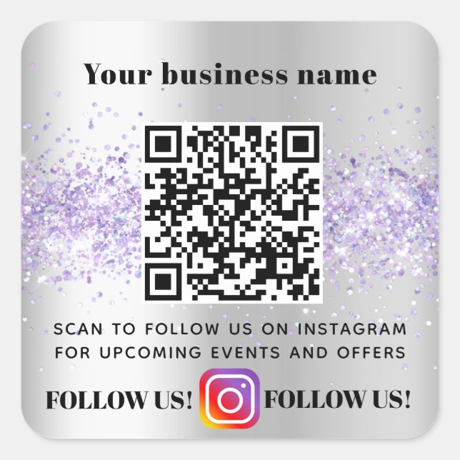 Silver violet business QR code Instagram Square Sticker (Front)