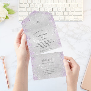 Silver violet butterflies sparkles wedding all in one invitation