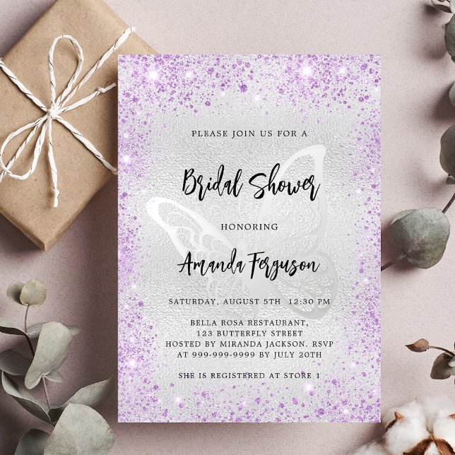 Silver violet butterfly luxury Bridal Shower Invitation (Creator Uploaded)