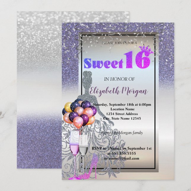 Silver Violet Glitter Dress,Glass Sweet 16 Party Invitation (Front/Back)