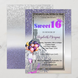 Silver Violet Glitter Dress,Glass Sweet 16 Party Invitation