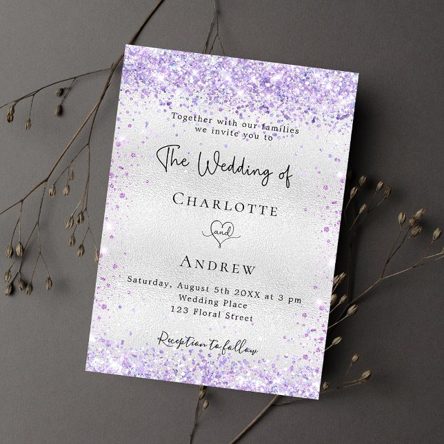 Silver violet glitter elegant luxury wedding invitation (Creator Uploaded)