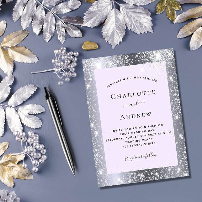 Silver violet glitter elegant wedding invitation postcard (Creator Uploaded)