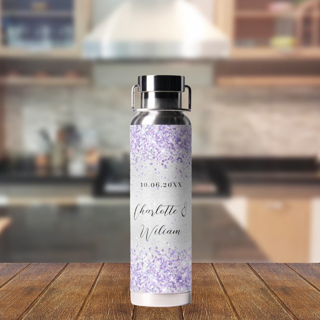 Silver violet glitter elegant wedding water bottle (Creator Uploaded)