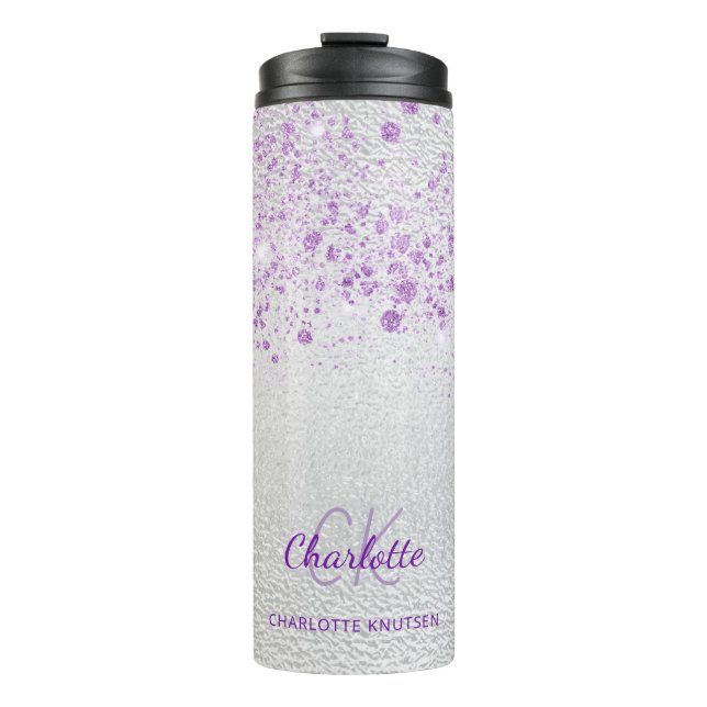 Silver violet glitter monogram initials thermal tumbler (Front)
