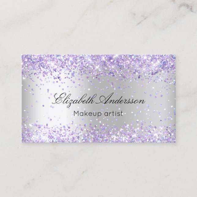 Silver violet glitter QR code beauty salon  Business Card (Front)