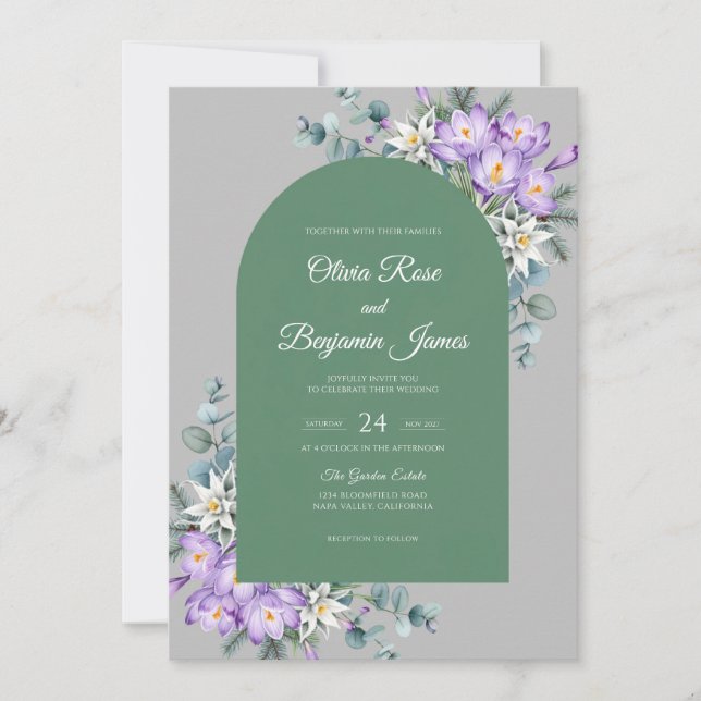 Silver Violet Leaf Wedding Invitation (Front)