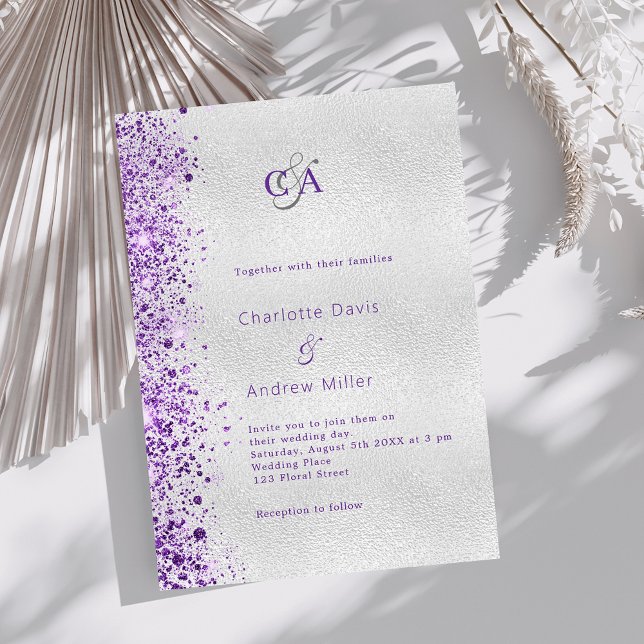 Silver violet purple sparkles wedding invitation (Creator Uploaded)