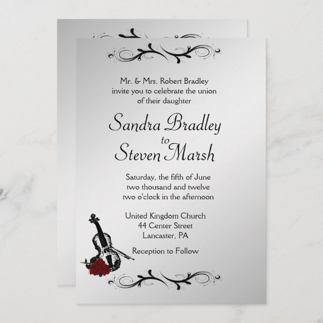 Silver Violin Music Wedding Invitation  5" x 7" (Front/Back)