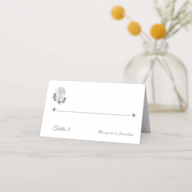Silver Virgin Mary Wedding Folded Place Card (Front)