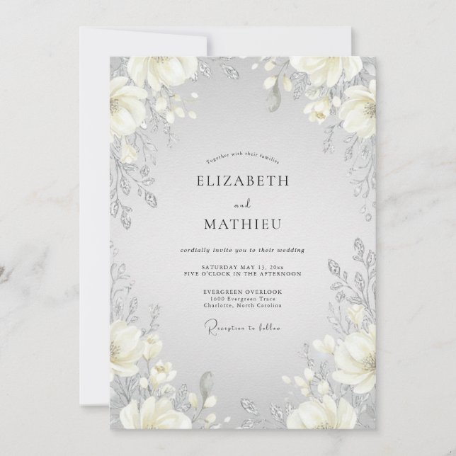 Silver Warm Cream Peony Wedding Invitation (Front)
