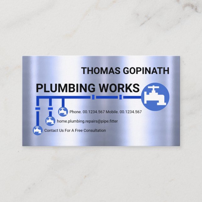 Silver Water Pipe Line Plumber Business Card (Front)