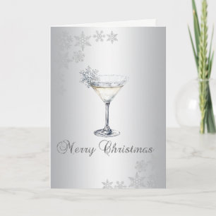 Silver Watercolor Christmas Cocktail Snowflakes Holiday Card