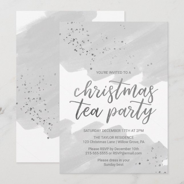 Silver Watercolor Christmas Tea Party Invitation (Front/Back)