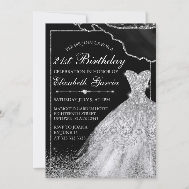 Silver Watercolor Dress & agate 21st Birthday Invitation (Front)