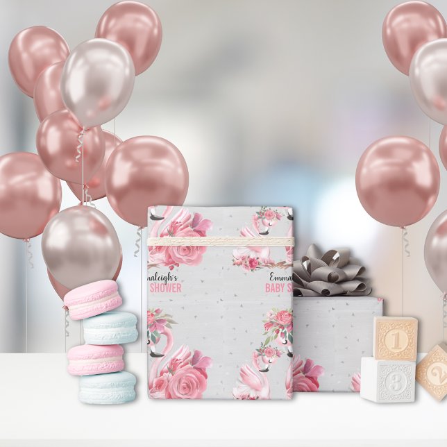 Silver Watercolor Flamingo Ballerina Baby Shower Wrapping Paper (Creator Uploaded)