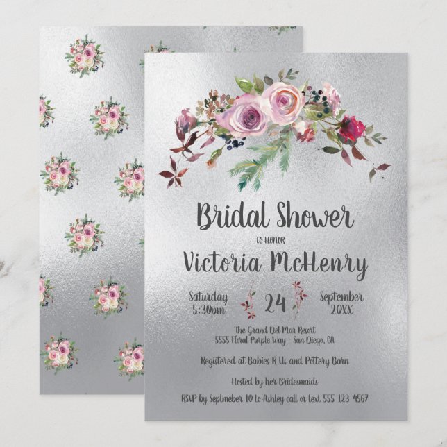 Silver Watercolor Floral Frosty Rose Bridal Shower Invitation (Front/Back)