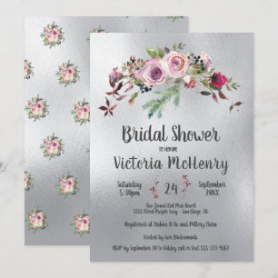 Silver Watercolor Floral Frosty Rose Bridal Shower Invitation