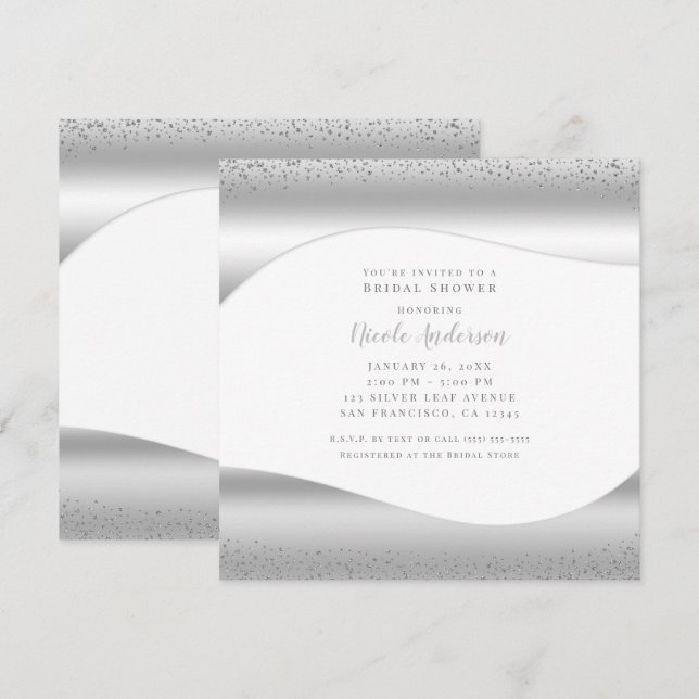 Silver Wave Sparkle Glitter Luxury Bridal Shower Invitation (Front/Back)
