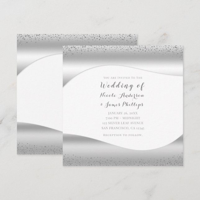 Silver Wave Sparkle Glitter Luxury Glam Wedding Invitation (Front/Back)