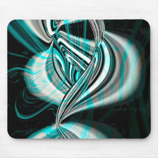 Silver wavy curves under cyan green smoke on dark mouse mat (Front)