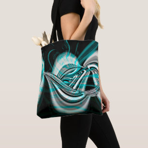 Silver wavy curves under cyan green smoke on dark tote bag