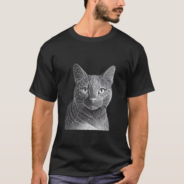 Silver Web Cat: A Geometric Feline Portrait T-Shirt (Front)